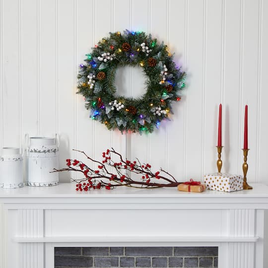 24" LED Snow Tipped Pinecone & White Berry Wreath